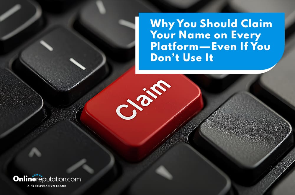 Close-up of a computer keyboard with a red "Claim" key. A blue text box above reads, "Why You Should Claim Your Name on Every Platform—Even If You Don’t Use It." Online reputation and claim name branding are visible.