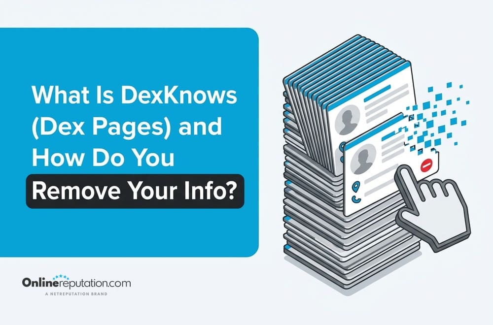 The text “What Is DexKnows (Dex Pages) and How Do You Remove Your Info?” appears next to an illustration of a hand deleting a Dex directory profile from a large stack.
