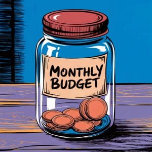 A glass jar labeled "Monthly Budget" sits on a wooden surface, containing several coins, against a blue background.