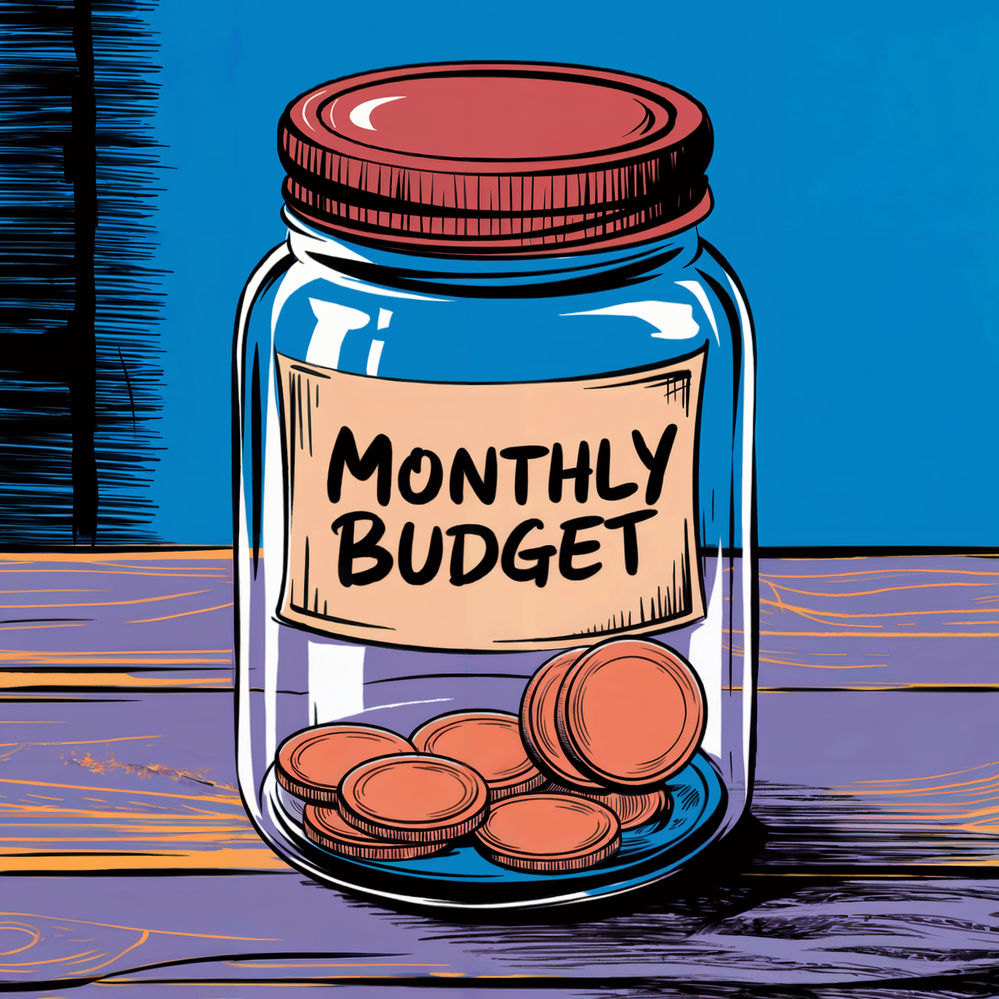 A glass jar labeled "Monthly Budget" sits on a wooden surface, containing several coins, against a blue background.