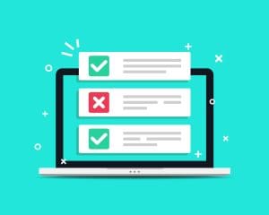 An illustration of a laptop screen displaying a checklist with three items: two with green check marks and one with a red X, symbolizing correct and incorrect answers or tasks. The background is turquoise with white accent shapes.