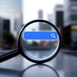 A magnifying glass focuses on a blue search bar with a magnifying glass icon, set against a blurred background of city buildings.
