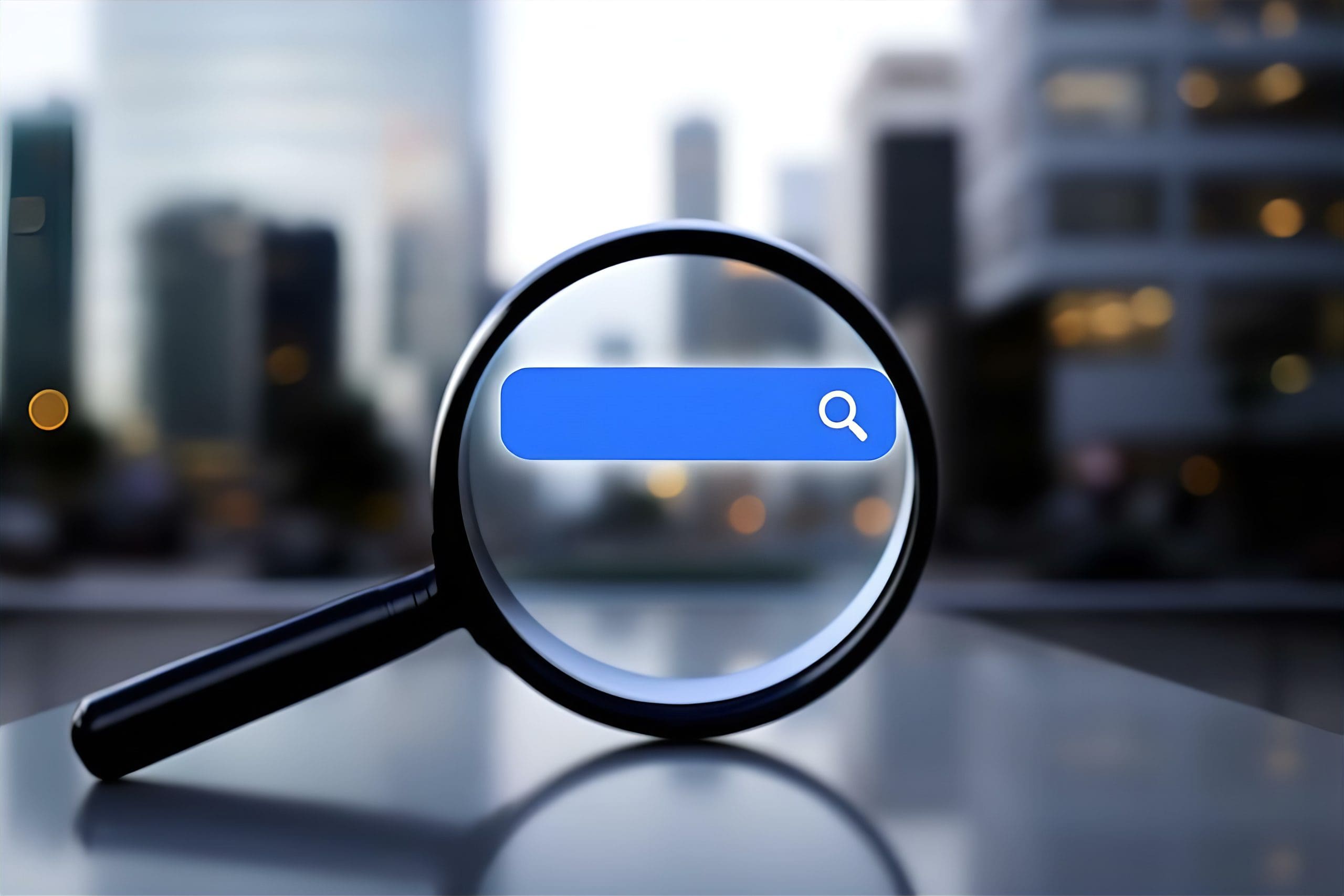 A magnifying glass focuses on a blue search bar with a magnifying glass icon, set against a blurred background of city buildings.