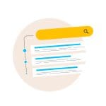 Illustration of a yellow search bar with a magnifying glass icon above three blue and white search result snippets, all set against a beige circular background.