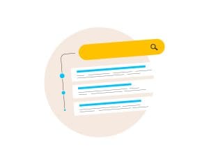 Illustration of a yellow search bar with a magnifying glass icon above three blue and white search result snippets, all set against a beige circular background.