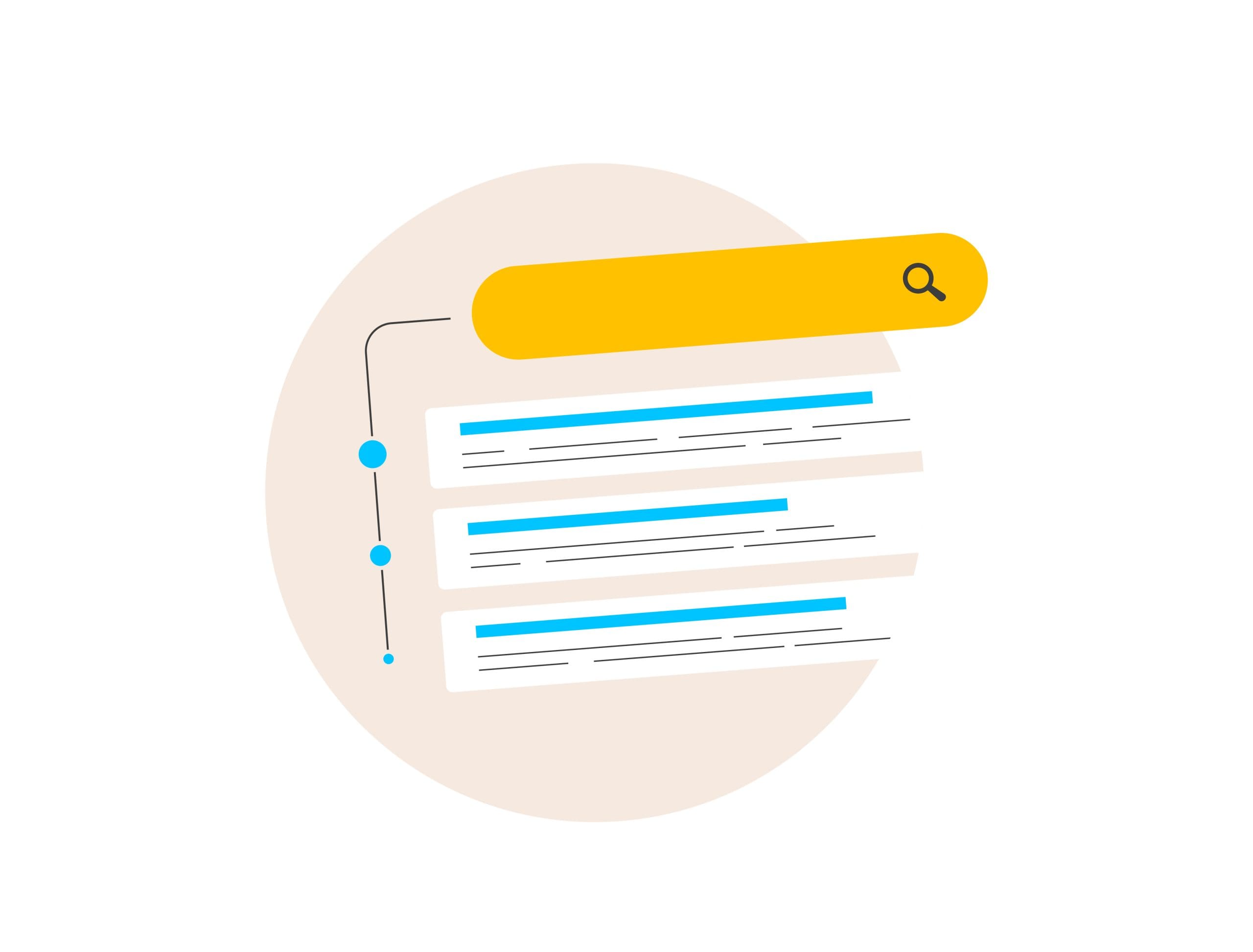Illustration of a yellow search bar with a magnifying glass icon above three blue and white search result snippets, all set against a beige circular background.
