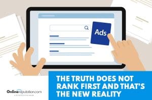Illustration of hands using a tablet, with a "Rank" label over search results. Text at the bottom reads: "The truth does not rank first and that’s the new reality.