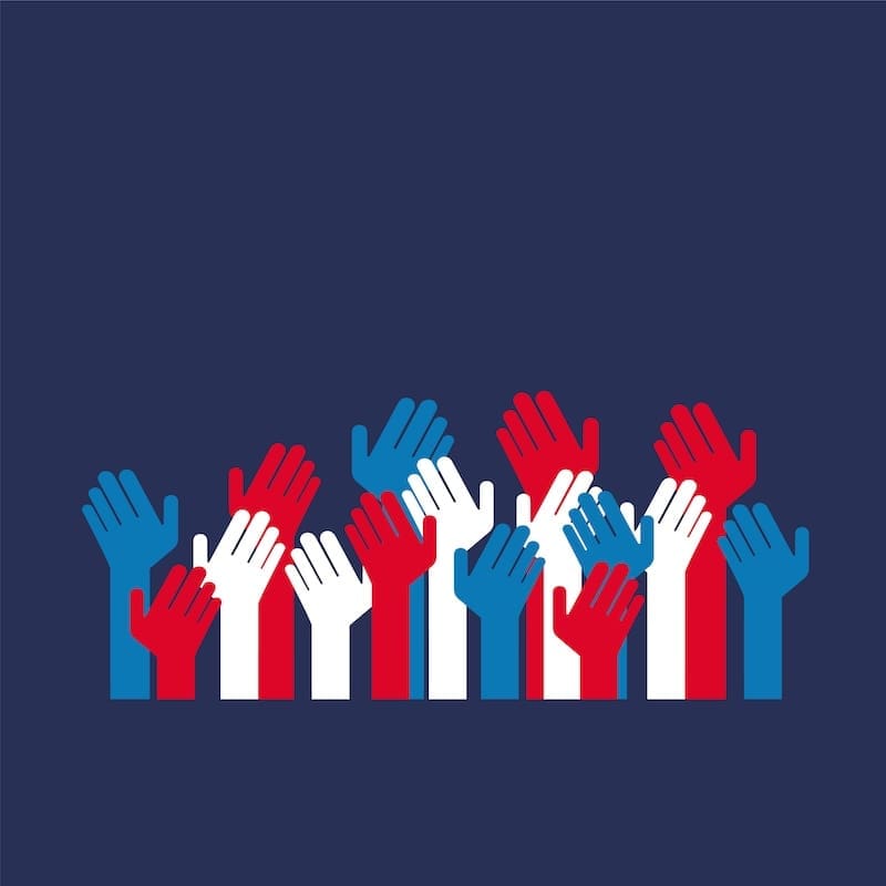 Hands in red, white and blue reach up together.