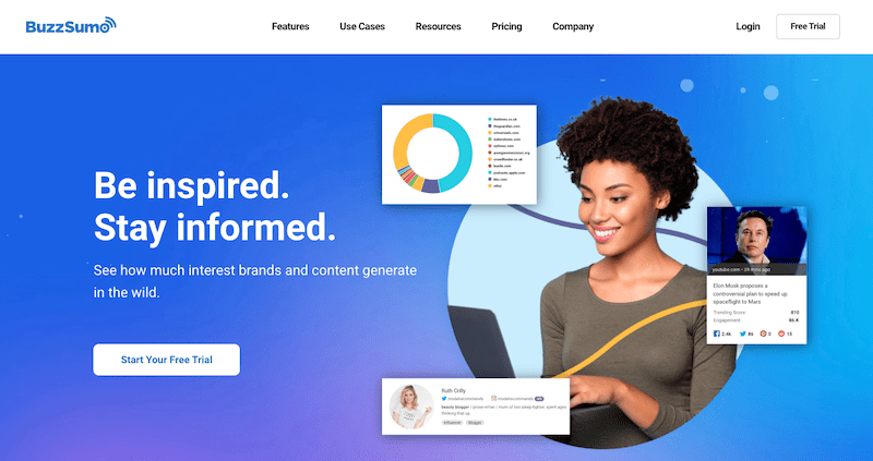 A woman smiles while using a laptop on a blue background. Analytics graphs and social media cards appear around her. Text reads: "Be inspired. Stay informed. Discover how reputation tracking tools reveal brand interest in the wild.”.