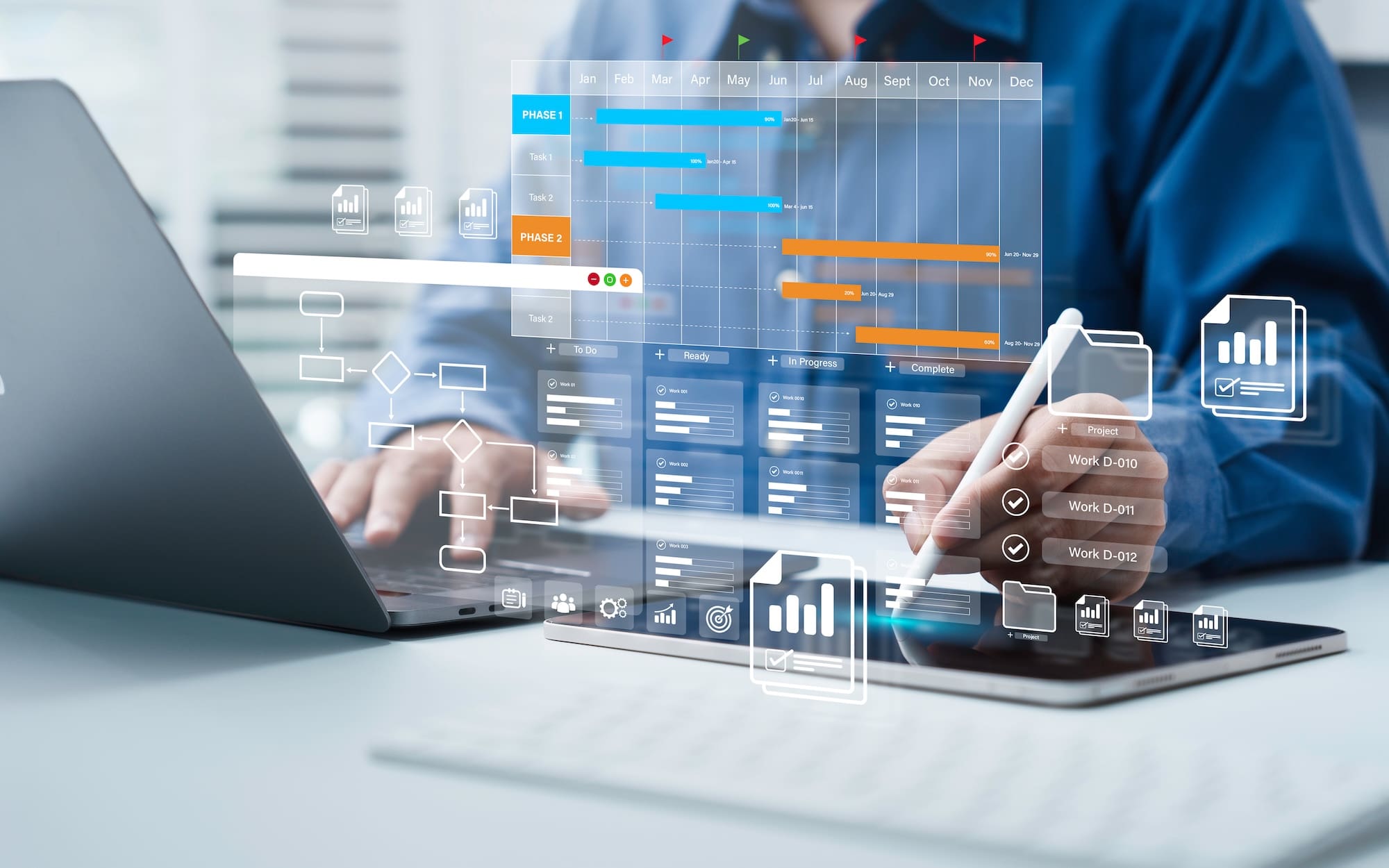 A person working on a laptop and tablet with project management charts, graphs, and reputation tracking tools overlaid digitally, representing planning, scheduling, and data analysis in a modern office setting.