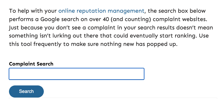 Screenshot of a website explaining an online reputation management tool. It features a "Complaint Search" box, ideal for users exploring reputation tracking tools, with text entry and a blue "Search" button below. Instructions appear above the search box.