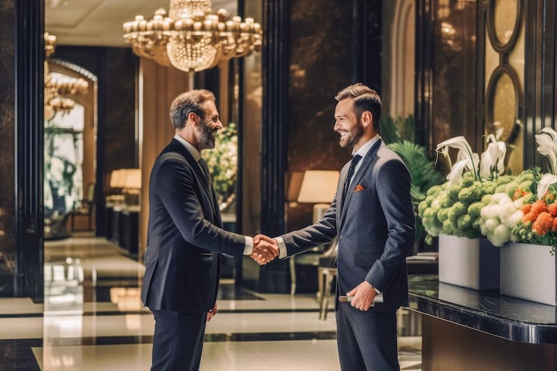 Two men in suits shake hands and smile at a luxurious hotel lobby reception desk, surrounded by elegant decor, large chandeliers, and stylish flower arrangements—a perfect example of successful hotel reputation management in action.