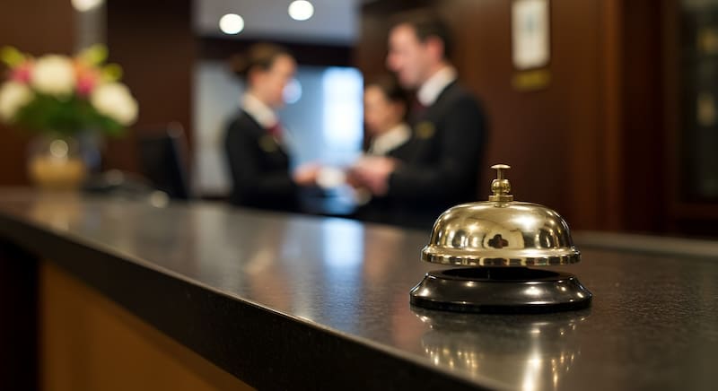 A silver service bell sits on a hotel reception counter, reflecting the importance of hotel reputation management. In the blurred background, three uniformed staff members converse behind the desk, with a vase of flowers visible on the left side.