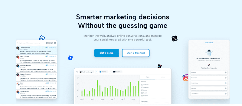 A website page promoting a marketing tool with reputation tracking tools shows sample dashboards, charts, and messages, with the headline "Smarter marketing decisions Without the guessing game" and blue buttons for "Get a demo" and "Start a free trial.