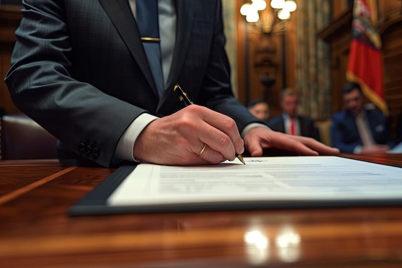 A person in a suit signs a formal document on a wooden desk in an ornate room, with several people seated in the background, ensuring no illegal content is involved in this official or legal setting.