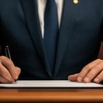 A person in a dark blue suit sits at a desk signing an official document, possibly addressing illegal content online. Only their hands and torso are visible, highlighting the formal setting.