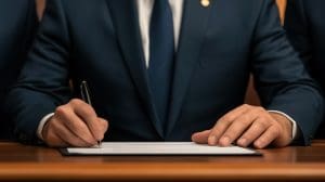A person in a dark blue suit sits at a desk signing an official document, possibly addressing illegal content online. Only their hands and torso are visible, highlighting the formal setting.