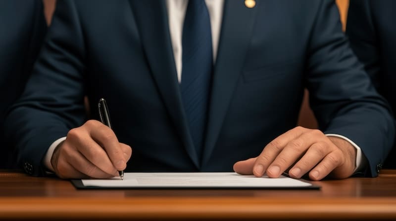 A person in a dark blue suit sits at a desk signing an official document, possibly addressing illegal content online. Only their hands and torso are visible, highlighting the formal setting.