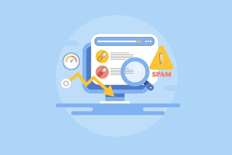 Illustration with a computer and graphics that show spam content online.