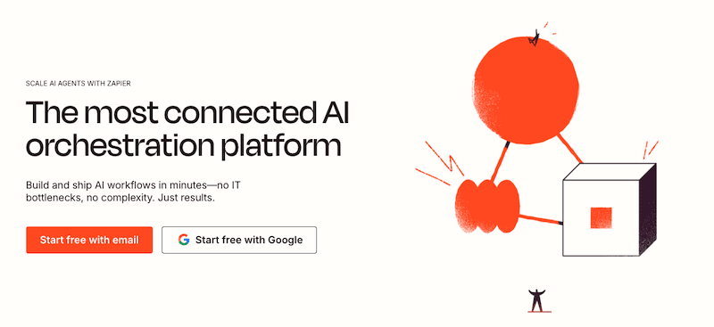 A webpage promoting an AI orchestration platform with bold text, "The most connected AI orchestration platform," buttons to start free with email or Google, reputation tracking tools, and an abstract illustration of a figure connecting to a cube.