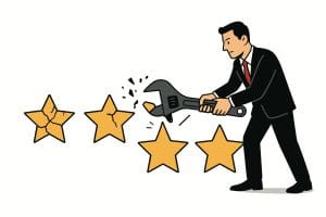 A man in a suit uses a large wrench to break gold stars, symbolizing the act of damaging or lowering a rating or reputation.
