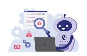 Cartoon robot labeled "AI" uses a magnifying glass to find a bug on a computer screen. Gears, code, and warning icons are in the background, suggesting debugging or code analysis with artificial intelligence.