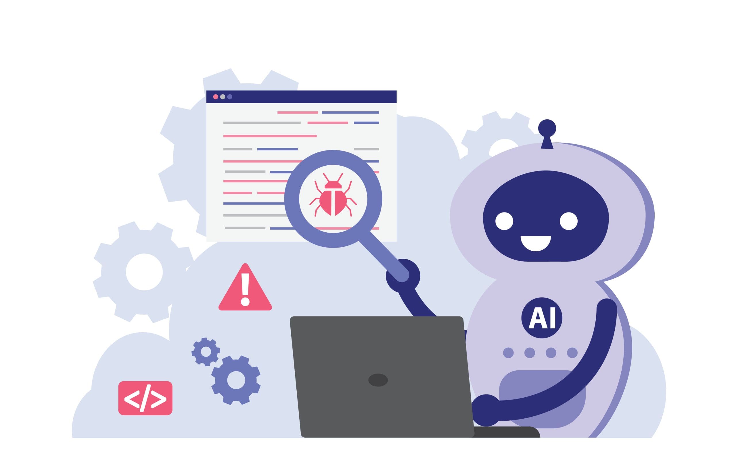 Cartoon robot labeled "AI" uses a magnifying glass to find a bug on a computer screen. Gears, code, and warning icons are in the background, suggesting debugging or code analysis with artificial intelligence.