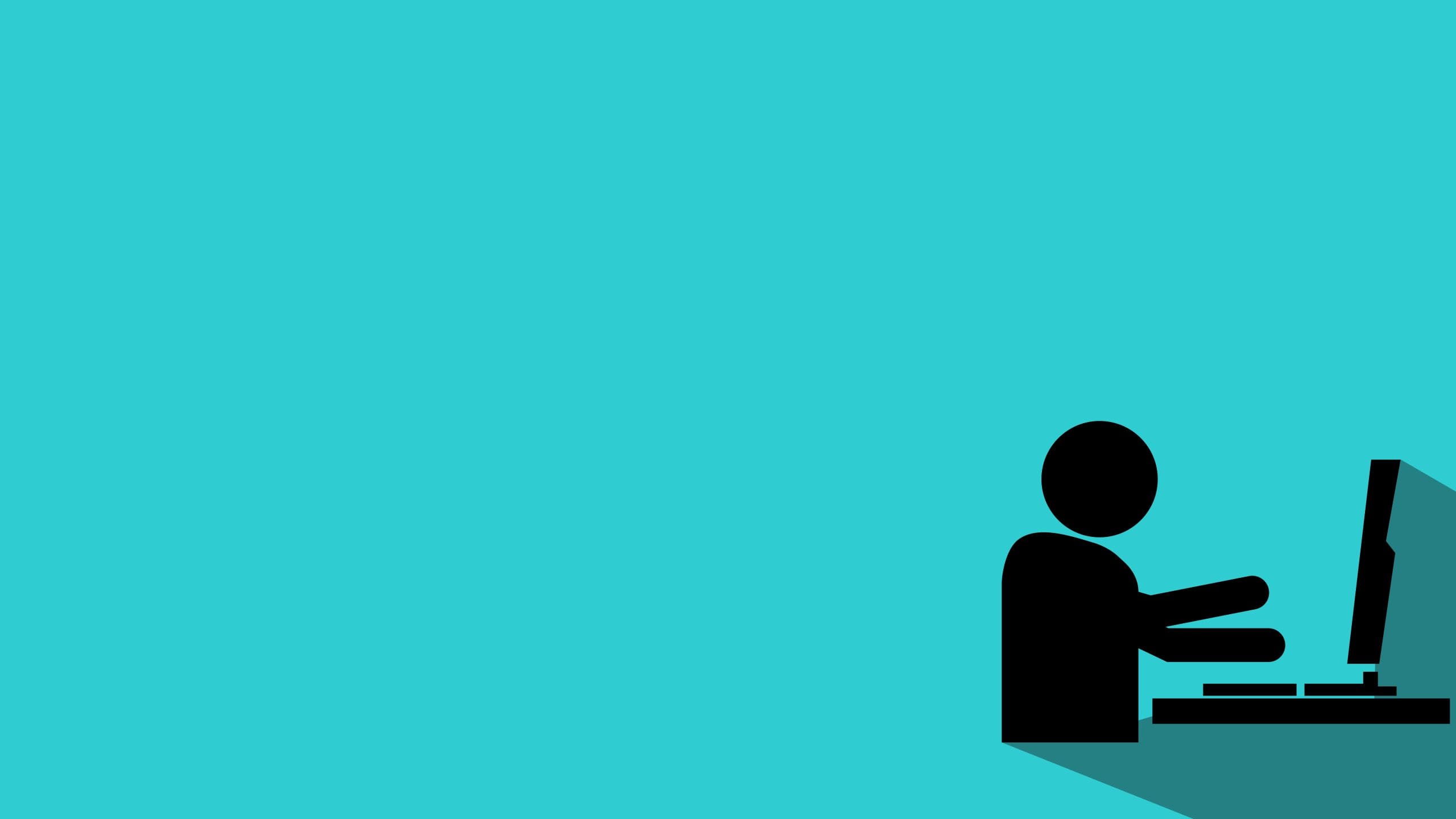 A minimalistic illustration of a person sitting at a desk, typing on a keyboard in front of a computer monitor, with a turquoise background and long shadow effect.