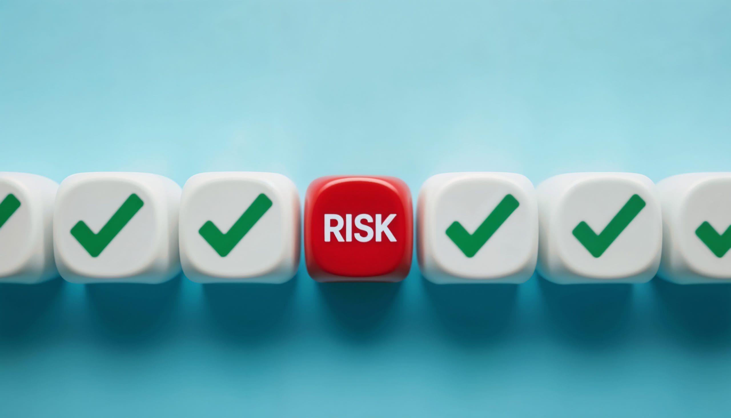 A row of white cubes with green check marks surrounds a single red cube in the center labeled "RISK," all set against a light blue background.