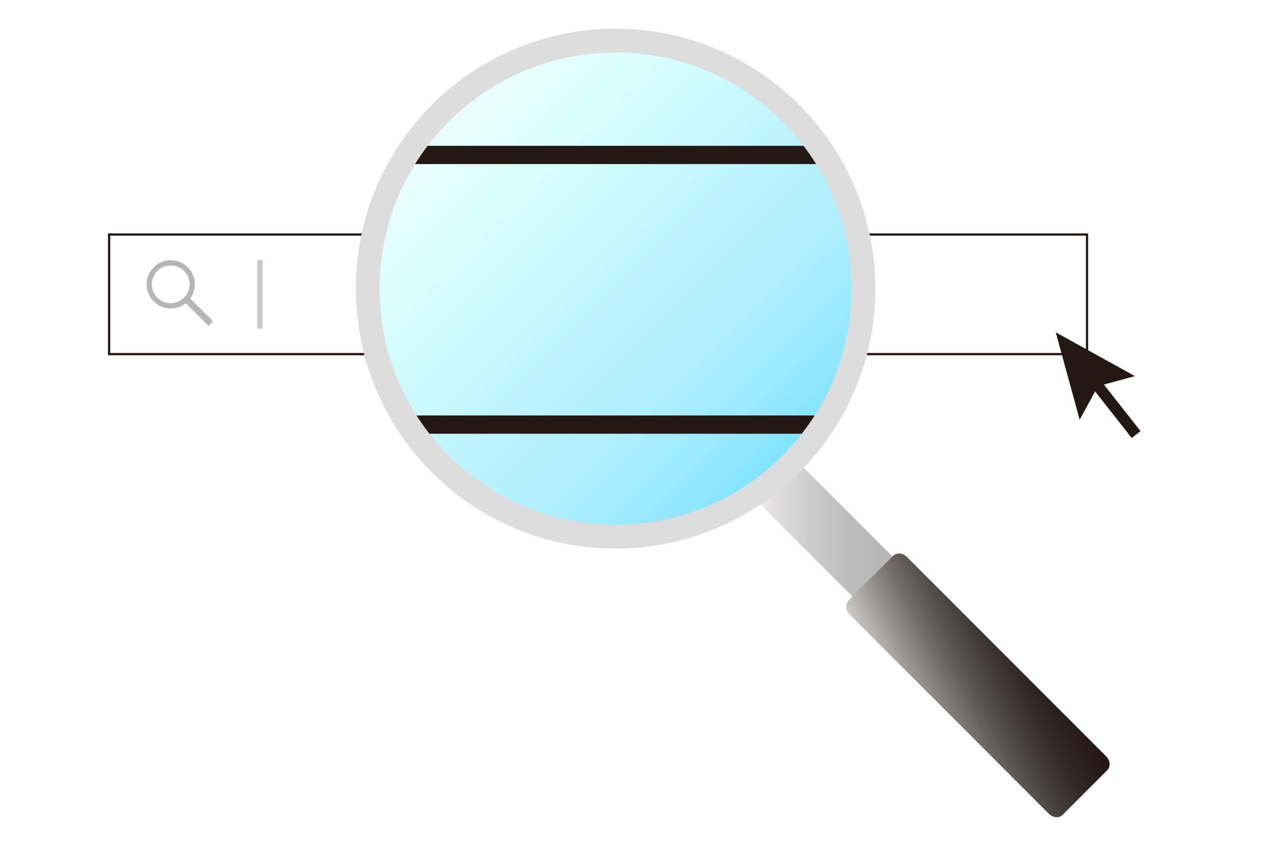 A magnifying glass enlarged over a search bar, with a mouse cursor pointing at the bar and a search icon visible on the left side.