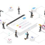 Illustration of businesspeople interacting with a large online search interface, surrounded by icons representing various digital tools and social media elements, symbolizing digital marketing and online networking.