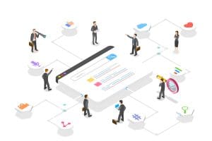 Illustration of businesspeople interacting with a large online search interface, surrounded by icons representing various digital tools and social media elements, symbolizing digital marketing and online networking.
