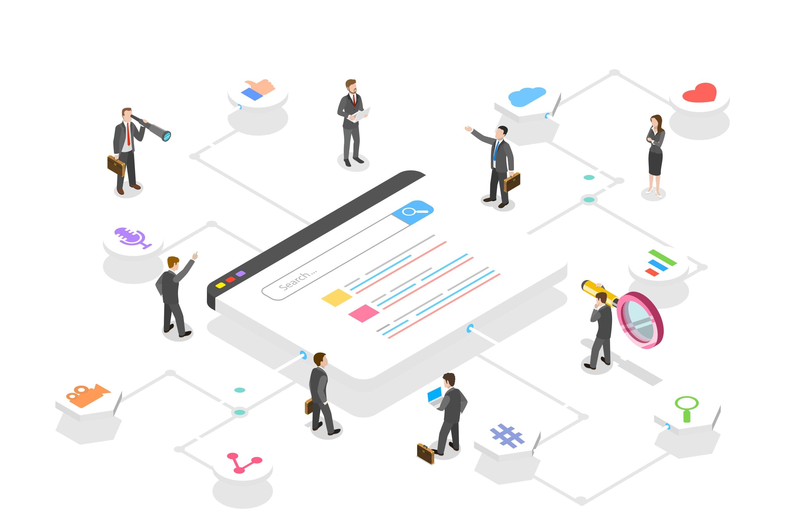 Illustration of businesspeople interacting with a large online search interface, surrounded by icons representing various digital tools and social media elements, symbolizing digital marketing and online networking.