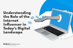 A digital illustration of a laptop with a hand emerging from its screen, releasing social media icons, next to the text: "Understanding the Role of the Internet Influencer in Today’s Digital Landscape.