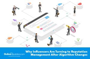 Illustration of influencers using Reputation Management tools around a large search engine page, connected by digital icons. Text reads: “Why Influencers Are Turning to Reputation Management After Algorithm Changes.”.