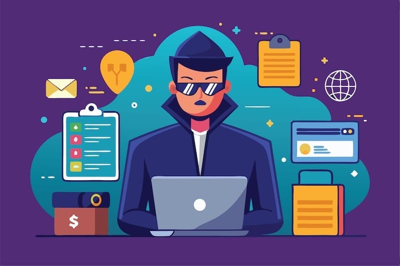 Illustration of a person in dark clothing and sunglasses using a laptop, surrounded by icons representing emails, documents, a credit card, and digital data—symbolizing hacking or efforts to remove court records from PlainSite for enhanced online security.