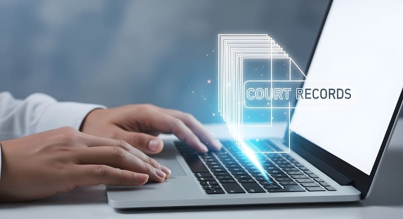 A person types on a laptop keyboard with a digital graphic overlay showing virtual folders labeled "Court Records," symbolizing efforts to remove court records from PlainSite and gain online access to legal documents.