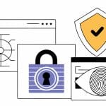 Illustration of cybersecurity concepts, including a safe, a padlock, a shield with a checkmark, and a fingerprint inside an eye, representing security, privacy, and digital protection.