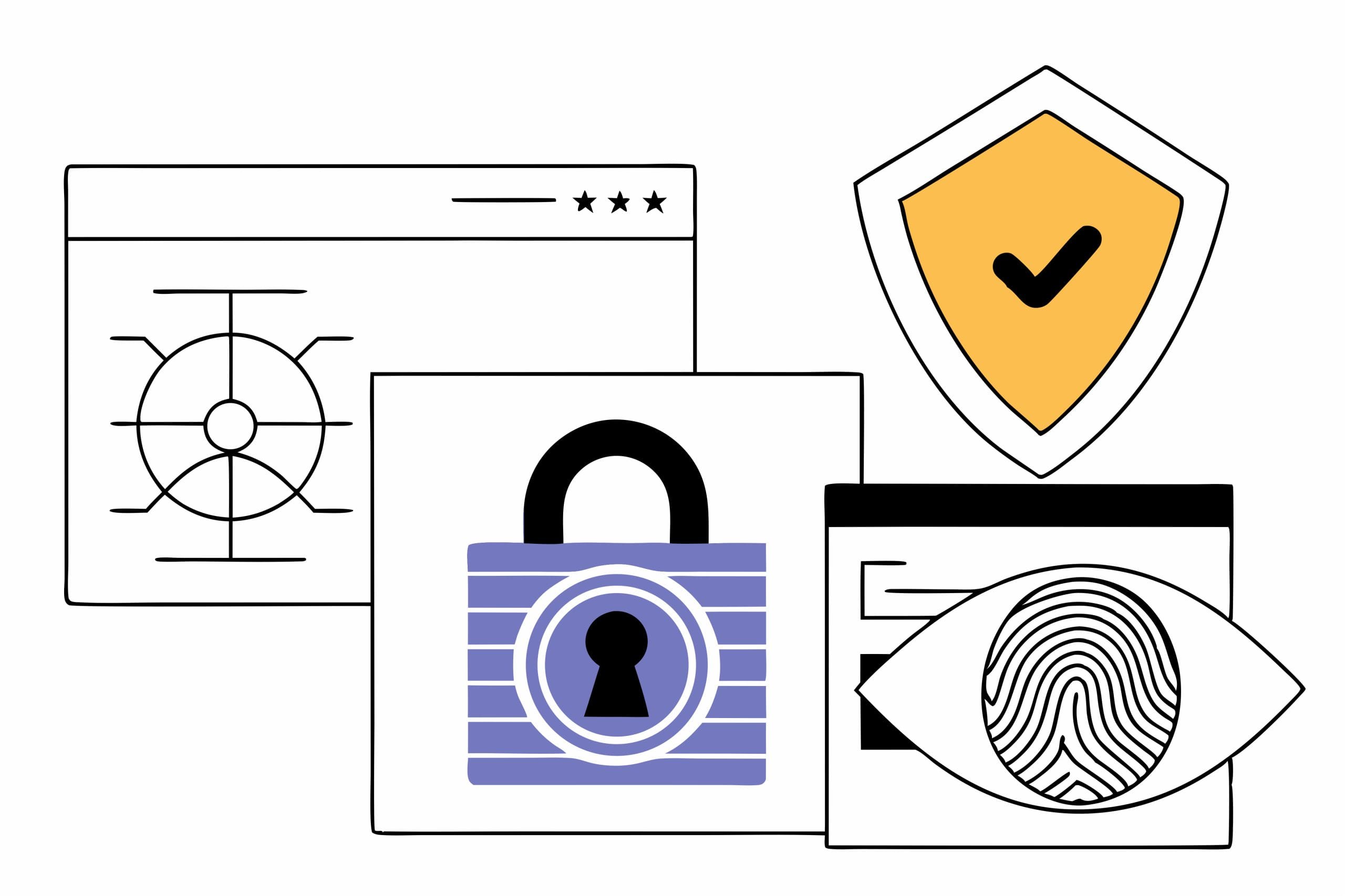 Illustration of cybersecurity concepts, including a safe, a padlock, a shield with a checkmark, and a fingerprint inside an eye, representing security, privacy, and digital protection.