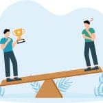 Two people stand on opposite ends of a seesaw; one holds a trophy confidently while the other looks confused with a question mark above their head. The background features abstract blue shapes and leaves.