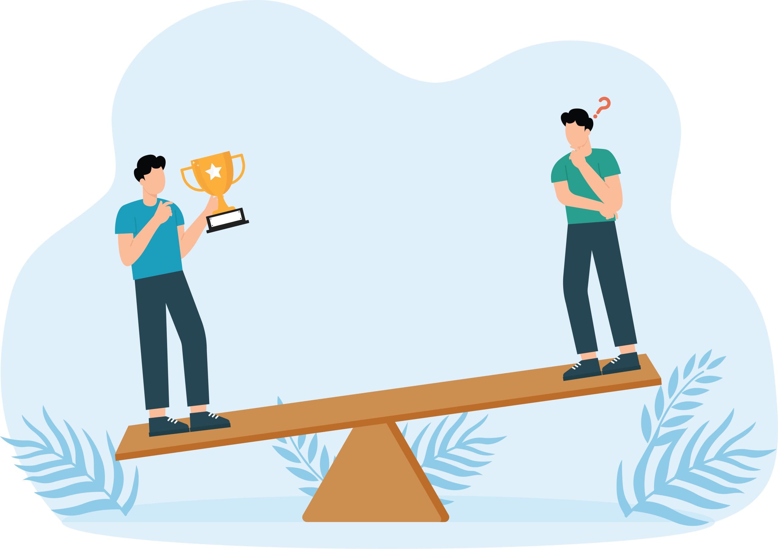 Two people stand on opposite ends of a seesaw; one holds a trophy confidently while the other looks confused with a question mark above their head. The background features abstract blue shapes and leaves.