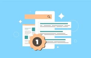Illustration of a search engine results page with a search bar, results, and a gold badge labeled "1," symbolizing a top-ranked result, on a blue background with sparkles.