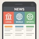 A smartphone screen displays a news app with three sections: Local, World, and Sports, each with an icon and colored background. Articles are listed under each section.