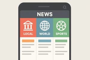 A smartphone screen displays a news app with three sections: Local, World, and Sports, each with an icon and colored background. Articles are listed under each section.