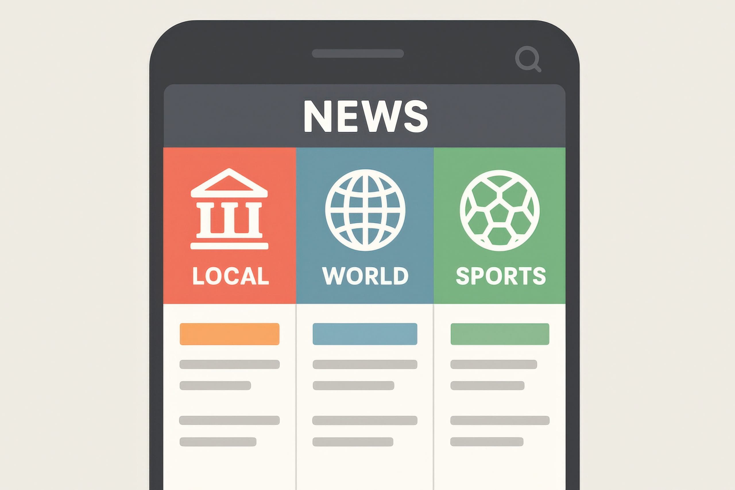 A smartphone screen displays a news app with three sections: Local, World, and Sports, each with an icon and colored background. Articles are listed under each section.