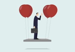 A man in a business suit stands on a floating platform held up by red balloons, holding a briefcase and pinching his nose as if to hold his breath. The background is light blue and minimalistic.
