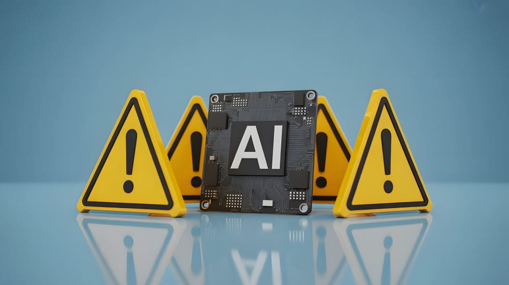 A computer chip labeled "AI" stands surrounded by five yellow warning signs with exclamation marks on a blue background, suggesting caution or potential risks related to artificial intelligence.