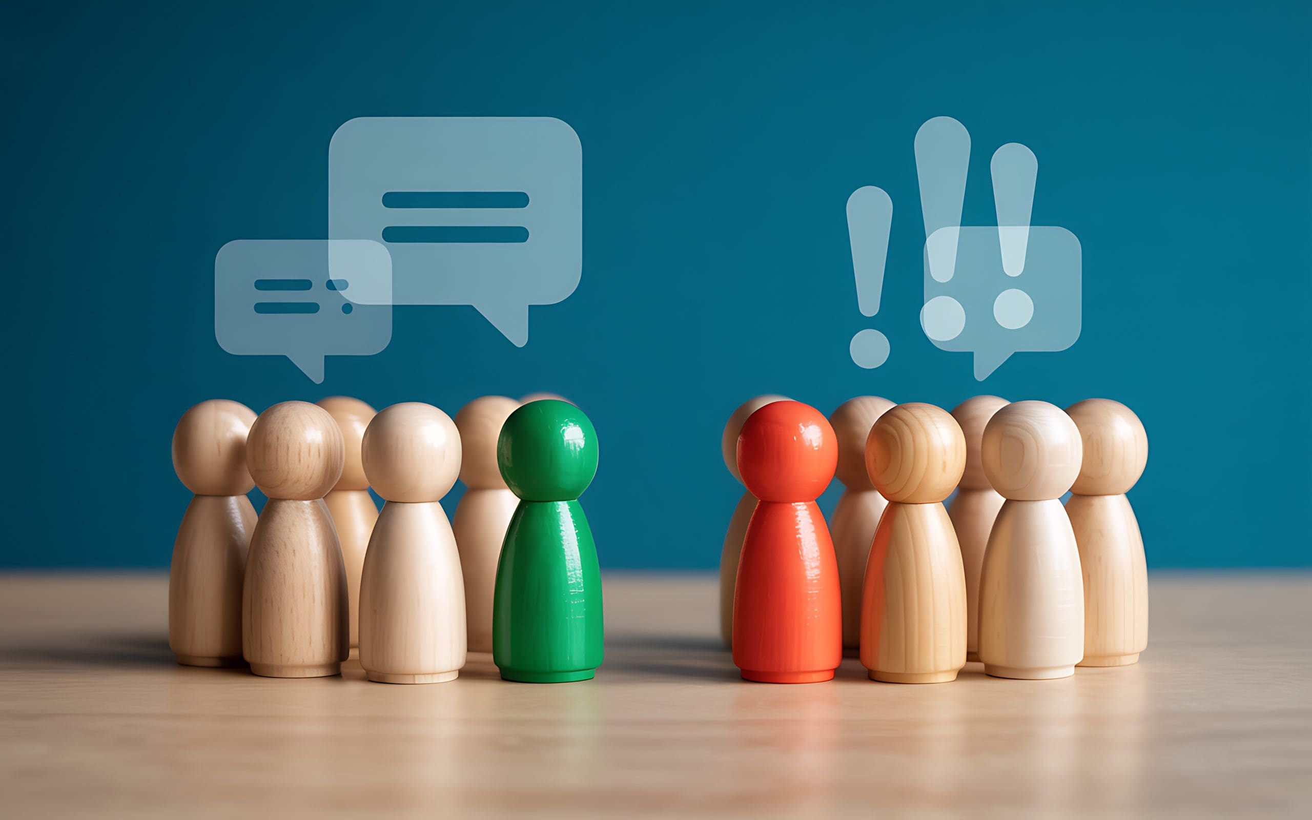 Wooden figures in two groups face each other on a table. One group with a green figure has speech bubbles, while the other group with a red figure has exclamation marks above them, symbolizing a discussion or debate.