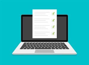 A laptop with a checklist on the screen, showing several items with green check marks, on a turquoise background.
