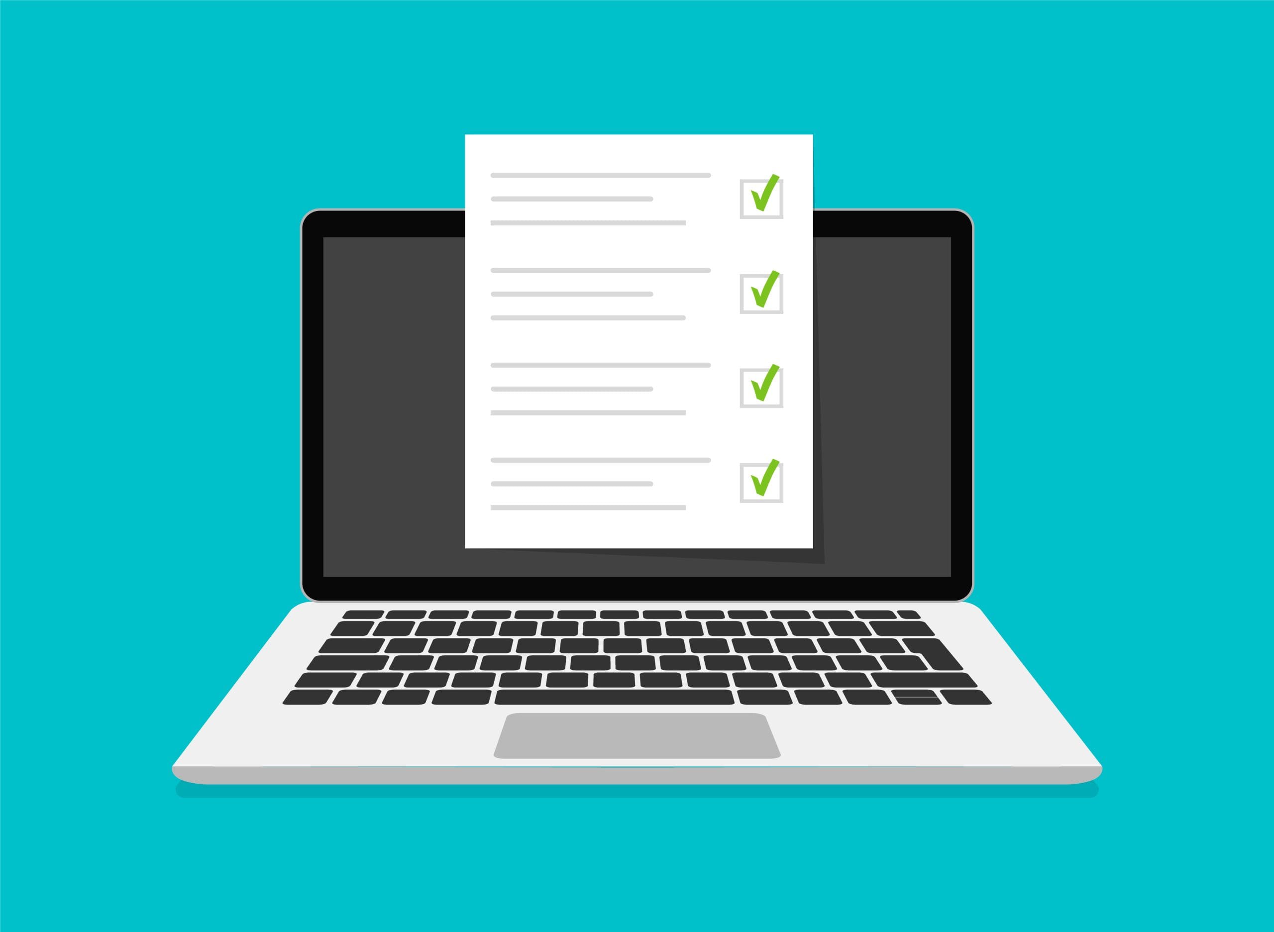 A laptop with a checklist on the screen, showing several items with green check marks, on a turquoise background.